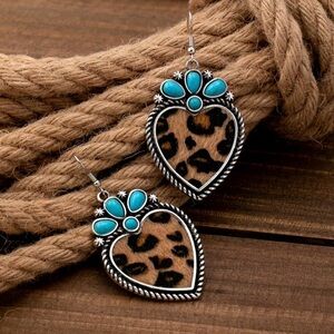Western Turquoise Accent Leopard Heart Drop Earrings Cowgirl Style